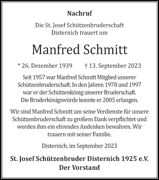 Traueranzeige von Manfred Schmitt von Zeitung am Sonntag