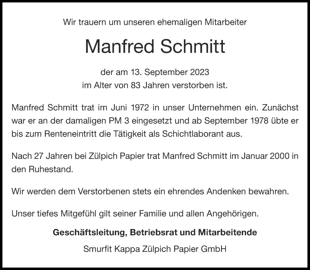  Traueranzeige für Manfred Schmitt vom 23.09.2023 aus Aachener Zeitung