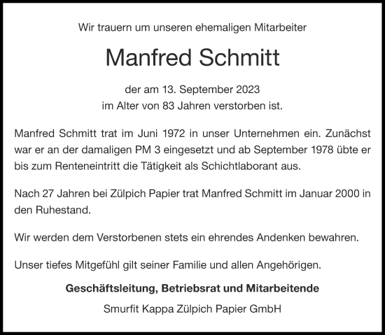 Traueranzeige von Manfred Schmitt von Aachener Zeitung