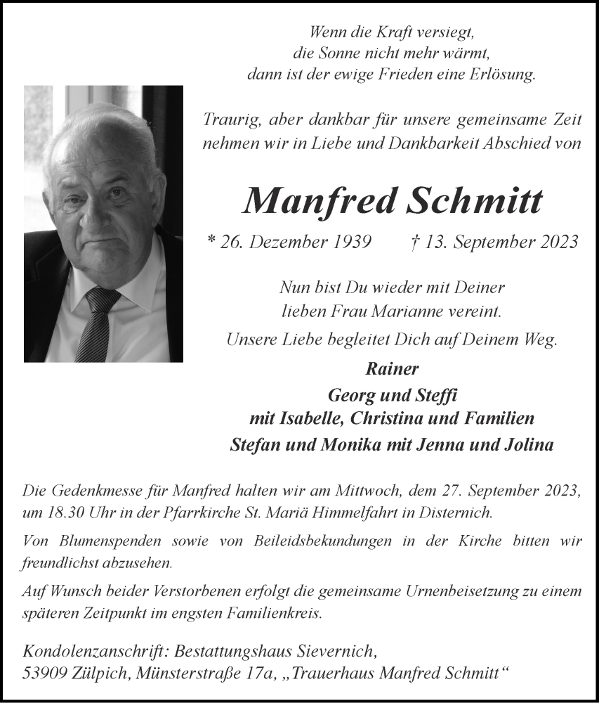  Traueranzeige für Manfred Schmitt vom 17.09.2023 aus Zeitung am Sonntag