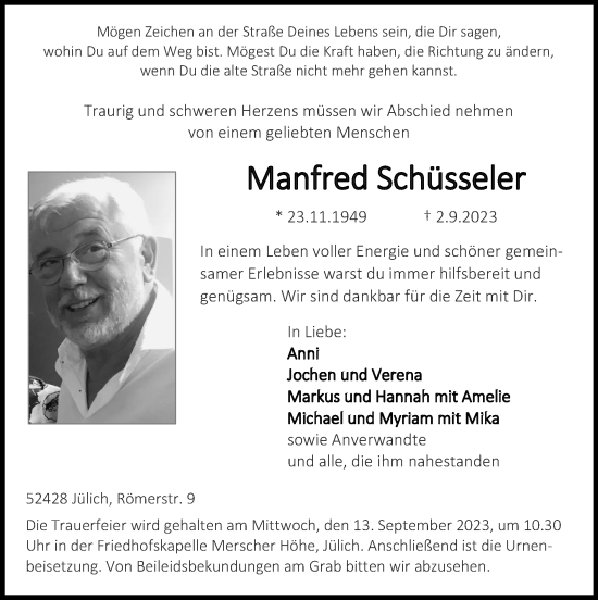 Traueranzeige von Manfred Schüsseler von Zeitung am Sonntag