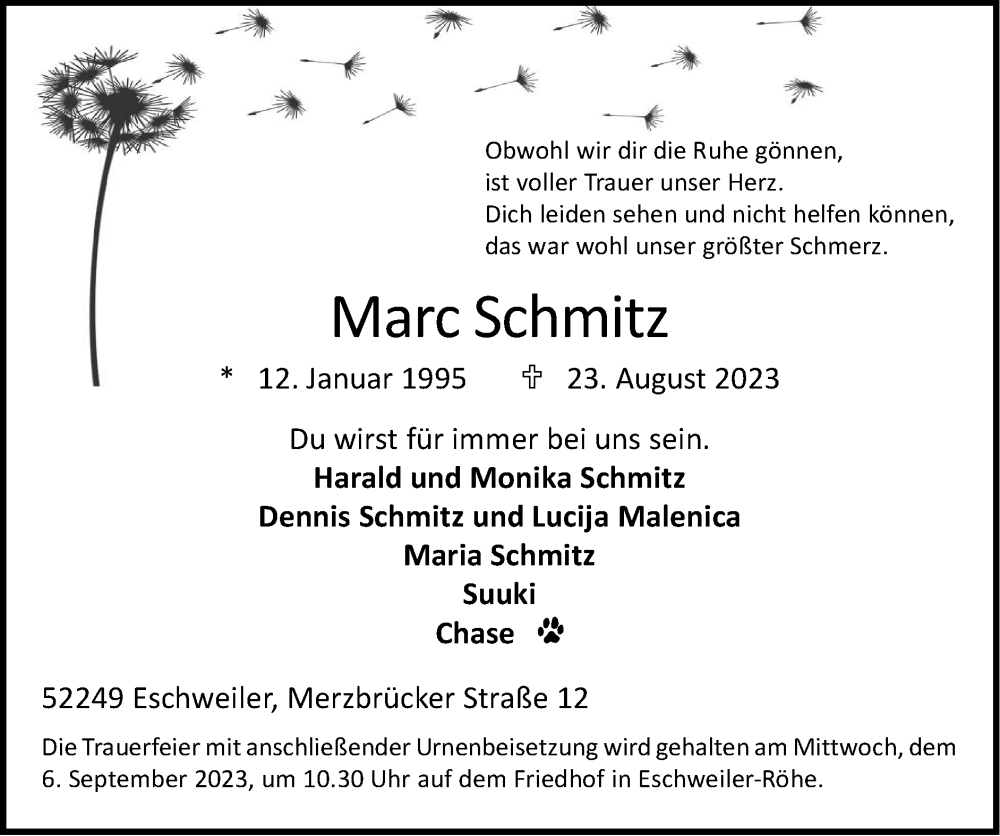  Traueranzeige für Marc Schmitz vom 03.09.2023 aus Zeitung am Sonntag