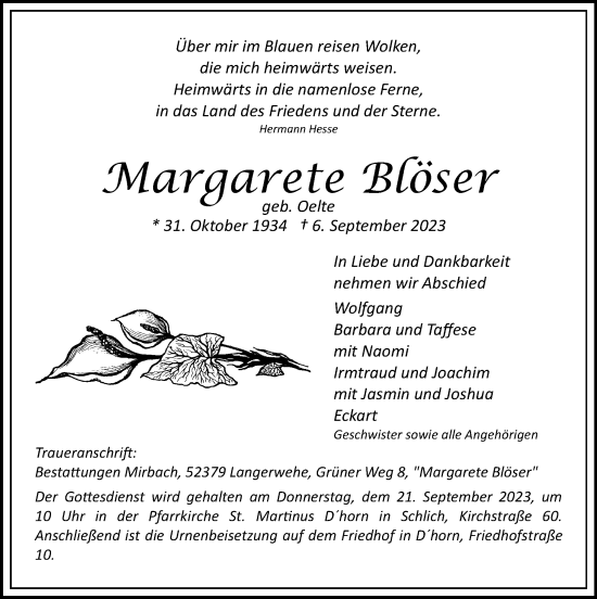 Traueranzeige von Margarete Blöser von Zeitung am Sonntag
