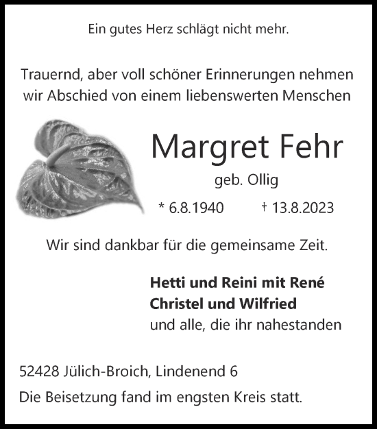 Traueranzeige von Margret Fehr von Zeitung am Sonntag