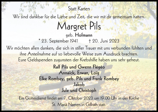 Traueranzeige von Margret Pils von Zeitung am Sonntag