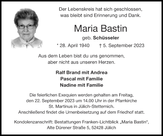Traueranzeige von Maria Bastin von Zeitung am Sonntag