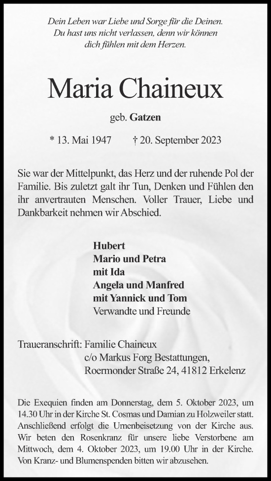 Traueranzeige von Maria Chaineux von Zeitung am Sonntag