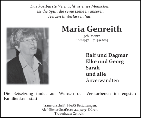 Traueranzeige von Maria Genreith von Zeitung am Sonntag