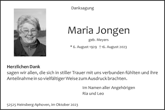 Traueranzeige von Maria Jongen von Zeitung am Sonntag