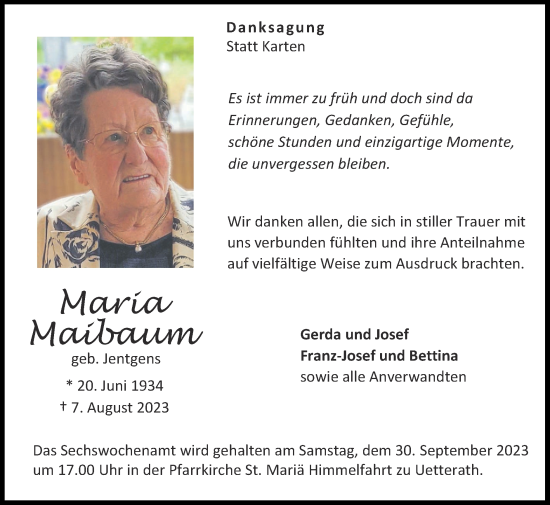 Traueranzeige von Maria Maibaum von Zeitung am Sonntag