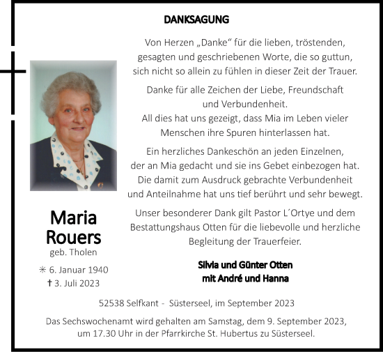 Traueranzeige von Maria Rouers von Zeitung am Sonntag