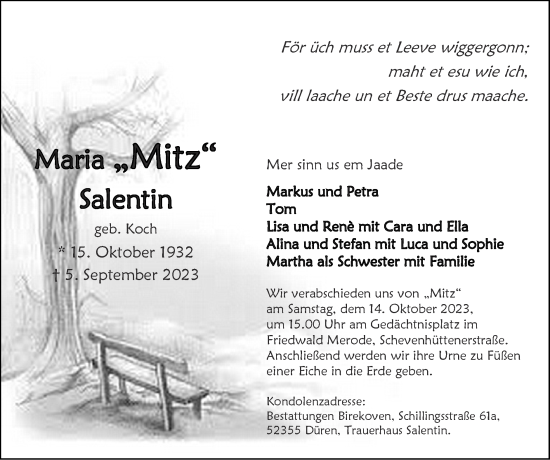 Traueranzeige von Maria Salentin von Zeitung am Sonntag