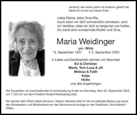 Traueranzeige von Maria Weidinger von Zeitung am Sonntag
