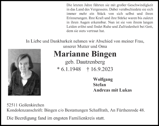Traueranzeige von Marianne Bingen von Zeitung am Sonntag
