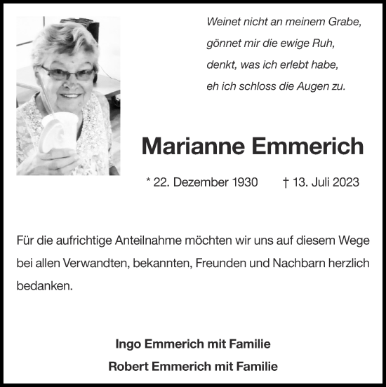 Traueranzeige von Marianne Emmerich von Zeitung am Sonntag