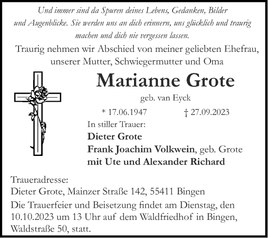 Traueranzeige von Marianne Grote von Zeitung am Sonntag