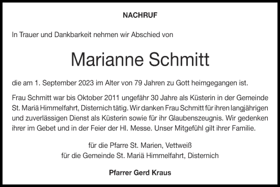 Traueranzeige von Marianne Schmitt von Zeitung am Sonntag
