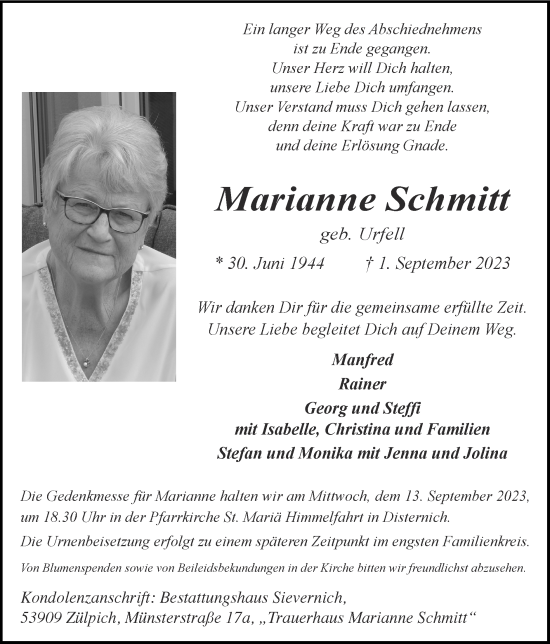 Traueranzeige von Marianne Schmitt von Zeitung am Sonntag