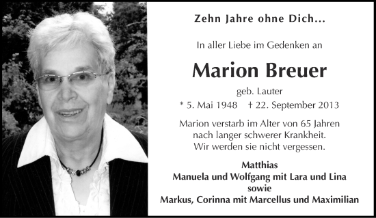 Traueranzeige von Marion Breuer von Aachener Zeitung