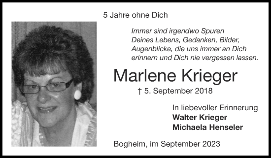 Traueranzeige von Marlene Krieger von Zeitung am Sonntag