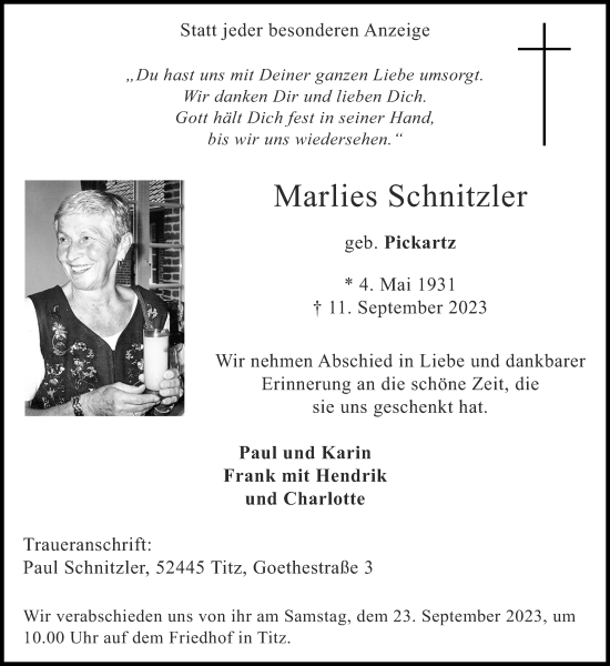 Traueranzeige von Marlies Schnitzler von Zeitung am Sonntag