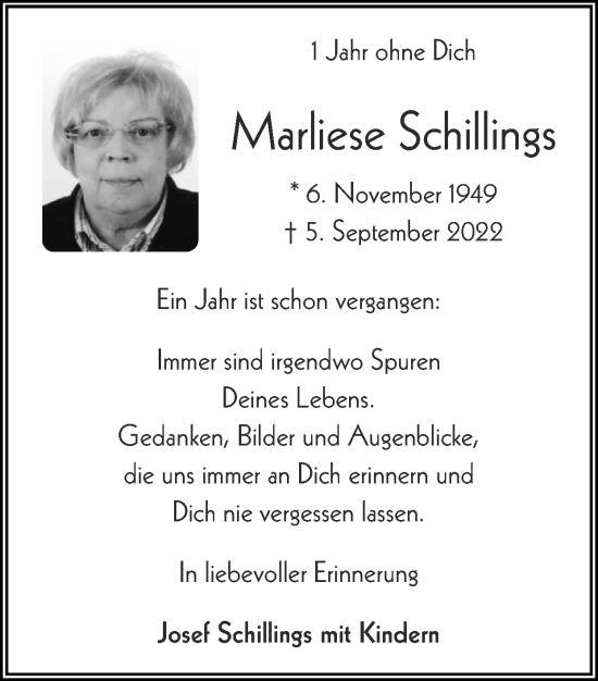 Traueranzeige von Marliese Schillings von Zeitung am Sonntag