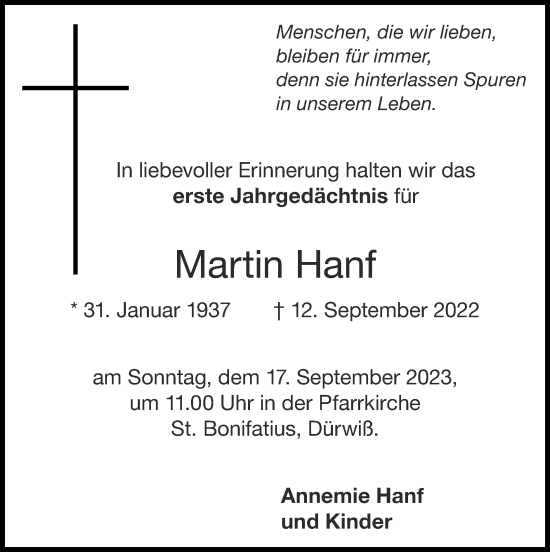 Traueranzeige von Martin Hanf von Zeitung am Sonntag