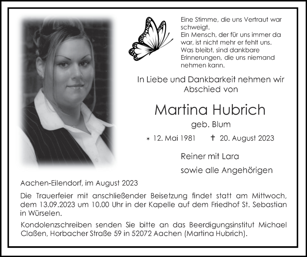  Traueranzeige für Martina Hubrich vom 10.09.2023 aus Zeitung am Sonntag
