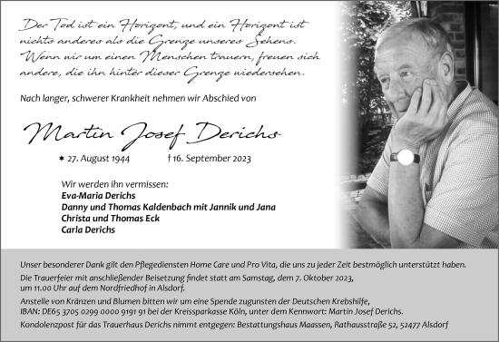 Traueranzeige von Martin Josef Derichs von Zeitung am Sonntag