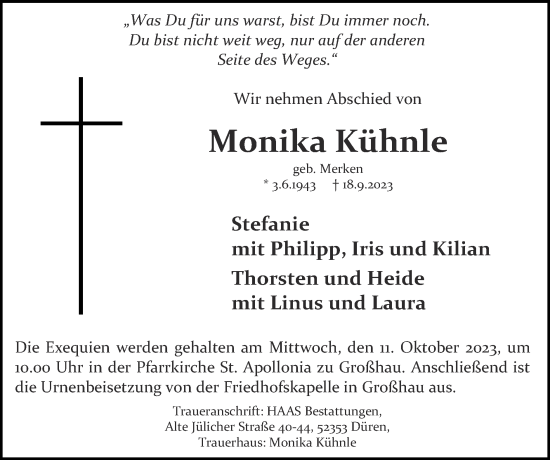 Traueranzeige von Monika Kühnle von Zeitung am Sonntag