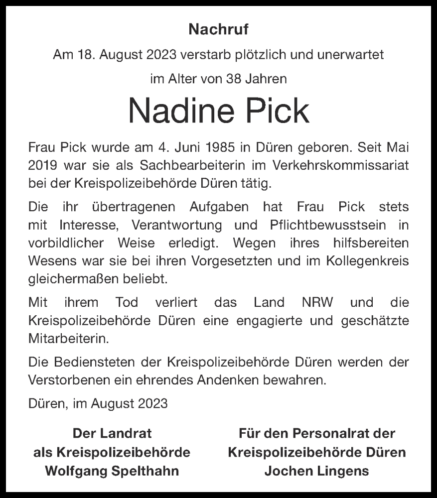  Traueranzeige für Nadine Pick vom 03.09.2023 aus Zeitung am Sonntag