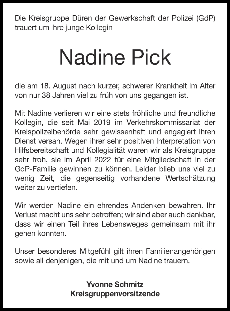  Traueranzeige für Nadine Pick vom 03.09.2023 aus Zeitung am Sonntag