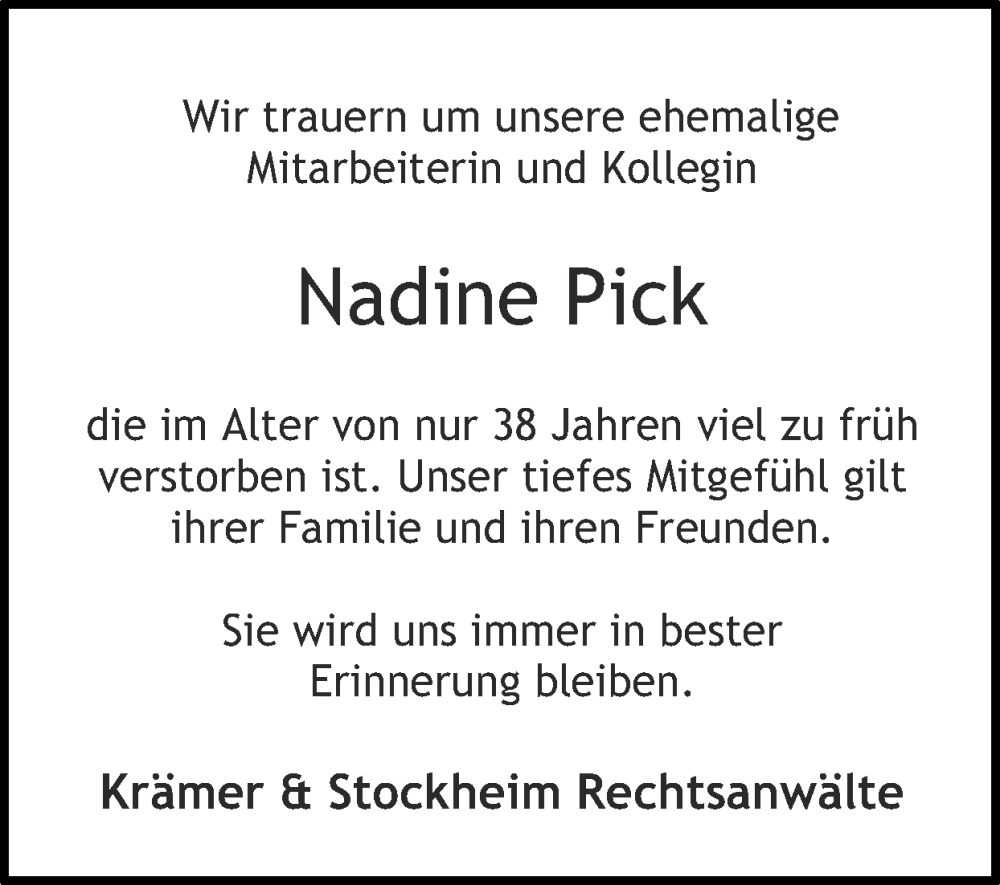  Traueranzeige für Nadine Pick vom 03.09.2023 aus Zeitung am Sonntag
