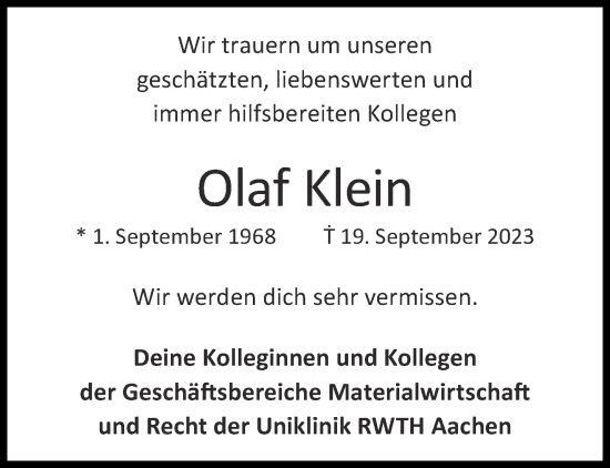 Traueranzeige von Olaf Klein von Aachener Zeitung