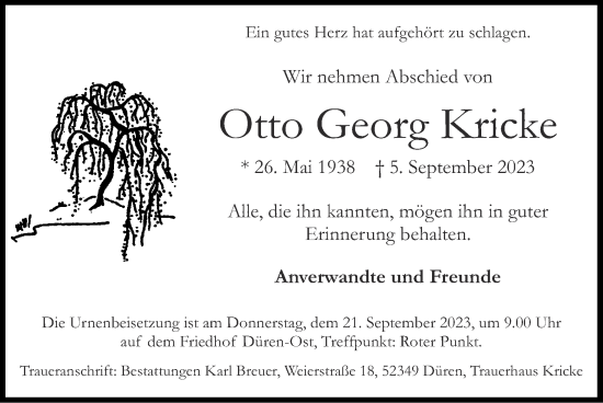 Traueranzeige von Otto Georg Kricke von Zeitung am Sonntag