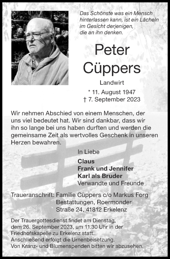 Traueranzeige von Peter Cüppers von Zeitung am Sonntag