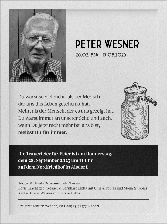 Traueranzeige von Peter Wesner von Zeitung am Sonntag