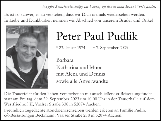 Traueranzeige von Peter Paul Pudlik von Zeitung am Sonntag
