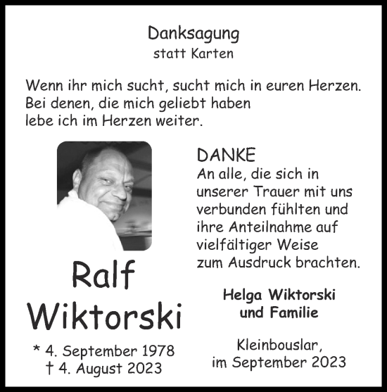 Traueranzeige von Ralf Wiktorski von Zeitung am Sonntag