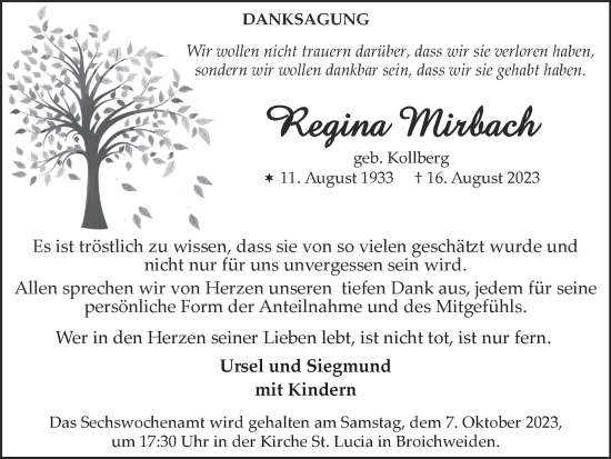 Traueranzeige von Regina Mirbach von Zeitung am Sonntag