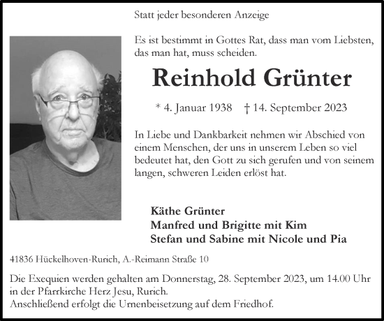 Traueranzeige von Reinhold Grünter von Zeitung am Sonntag