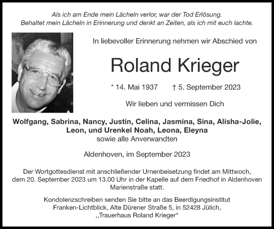 Traueranzeige von Roland Krieger von Zeitung am Sonntag