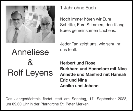 Traueranzeige von Rolf Leyens von Zeitung am Sonntag