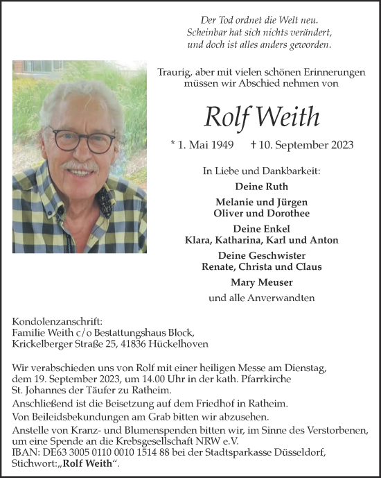 Traueranzeige von Rolf Weith von Zeitung am Sonntag