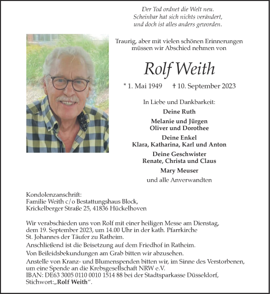 Traueranzeige von Rolf Weith von Aachener Zeitung