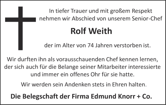 Traueranzeige von Rolf Weith von Zeitung am Sonntag