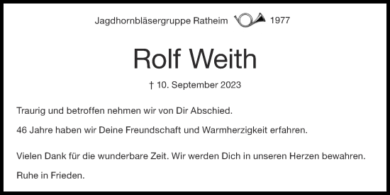 Traueranzeige von Rolf Weith von Zeitung am Sonntag