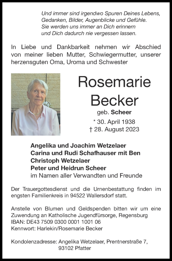 Traueranzeige von Rosemarie Becker von Zeitung am Sonntag