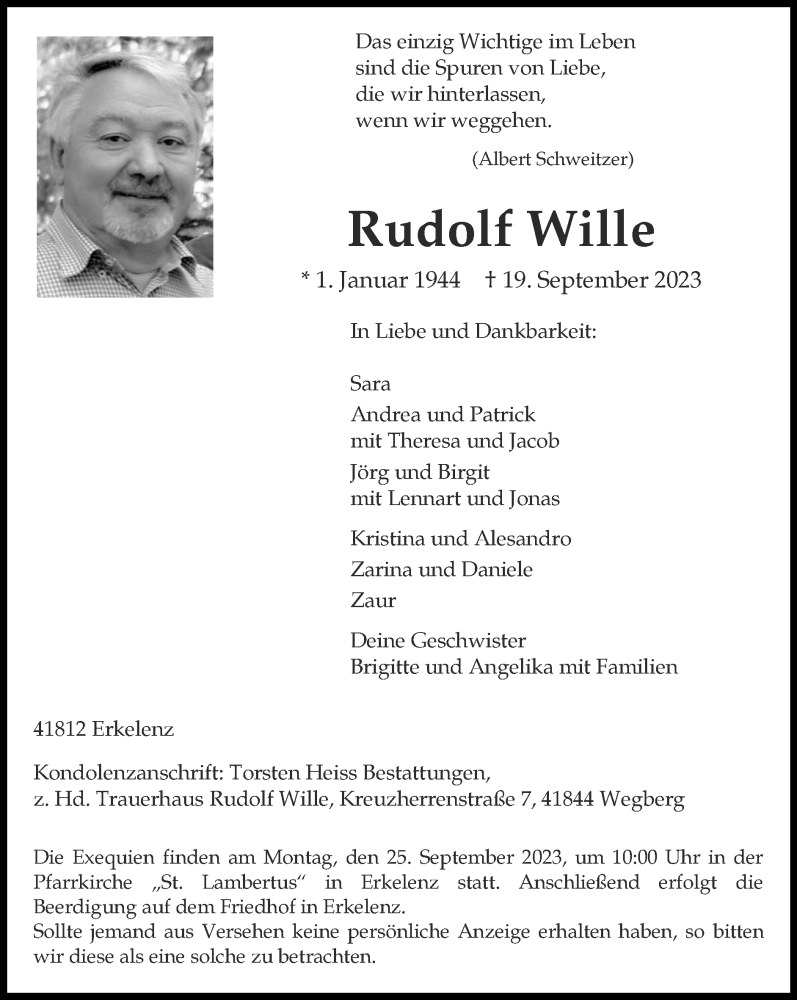  Traueranzeige für Rudolf Wille vom 24.09.2023 aus Zeitung am Sonntag