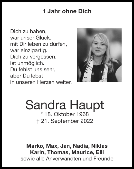 Traueranzeige von Sandra Haupt von Zeitung am Sonntag